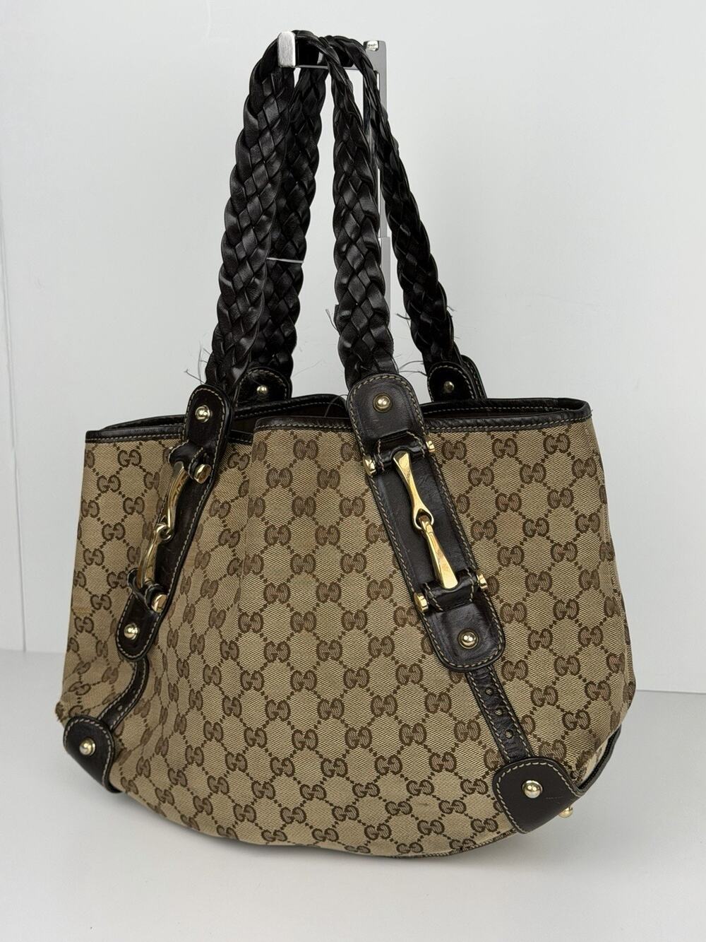 Gucci GG Pelham Shoulder Bag Canvas Braided Leather Handles & Gold Hardware S32